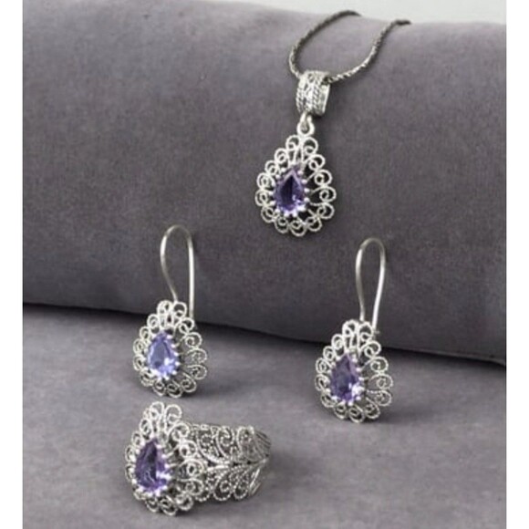 925 Sterling Silver Turkish Filigree Wedding Jewelry Set for Women, HandmadeGift - Picture 4 of 10